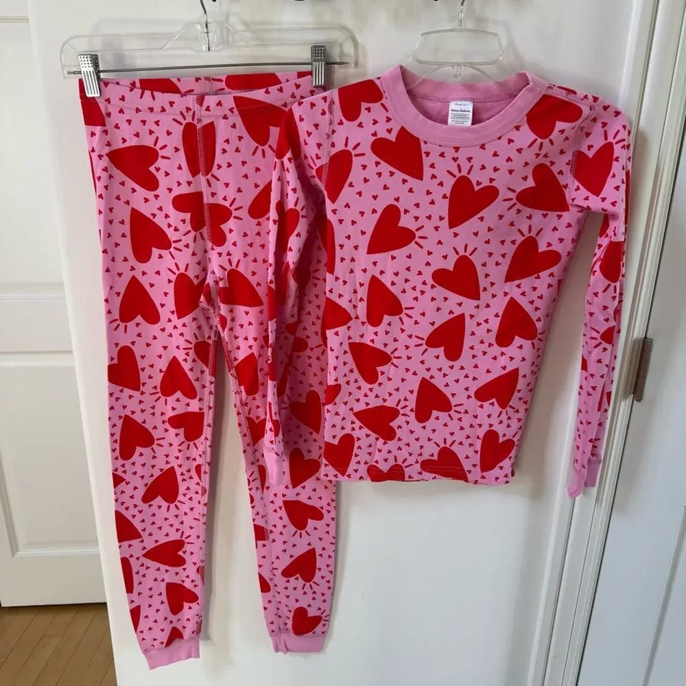 Hanna Anderson Long John Organic Cotton Pajama Set in Full Hearts 12 NWOT